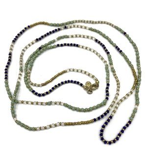 Loft Single Strand Long Beaded Necklace Blue Green Gold Tone Jewelry